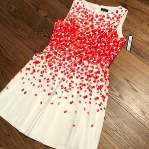 Tahari ivory/coral sleeveless floral dress,